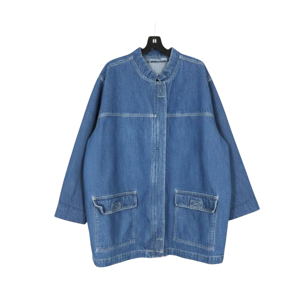 VTG BILL BLASS WOMAN Blue Denim FLAP POCKETS Zip-Down MOCK COLLAR Jean Jacket 2X